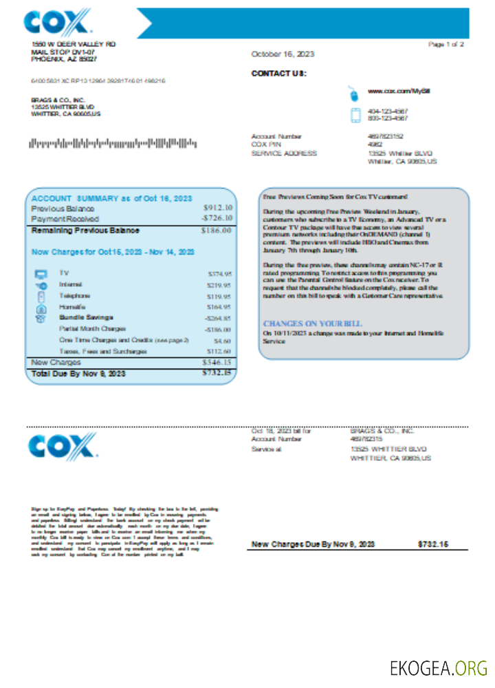 Facture d'entreprise de services publics COX, page 1, SCR